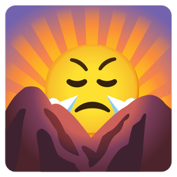 face with steam from nose and sunrise over mountains