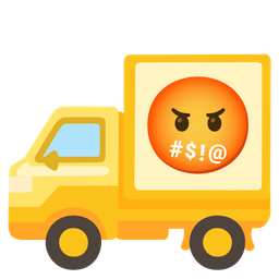 face with symbols on mouth and delivery truck