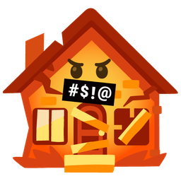 face with symbols on mouth and derelict house