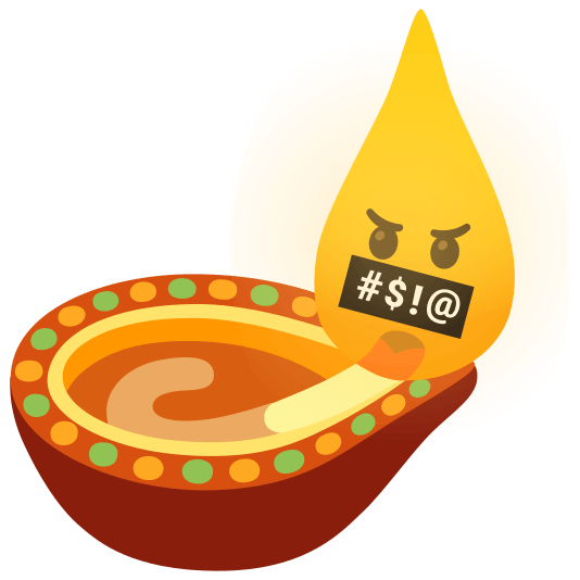 Face with symbols on mouth and Diya lamp