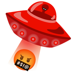 face with symbols on mouth and flying saucer