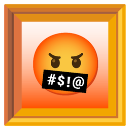 face with symbols on mouth and framed picture