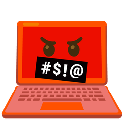 face with symbols on mouth and laptop