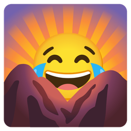 face with tears of joy and sunrise over mountains