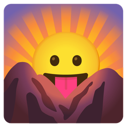 face with tongue and sunrise over mountains