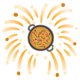 fireworks and shallow pan of food