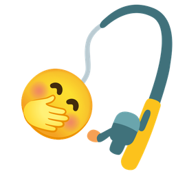 fishing pole and face with hand over mouth