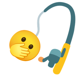 fishing pole and face with open eyes and hand over mouth