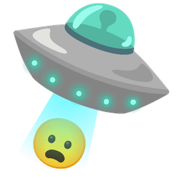 flying saucer and frowning face with open mouth