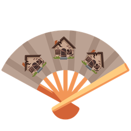 folding hand fan and derelict house