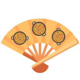 folding hand fan and shallow pan of food