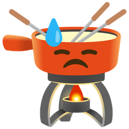 fondue and downcast face with sweat