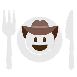 Fork and knife with plate and Cowboy hat face