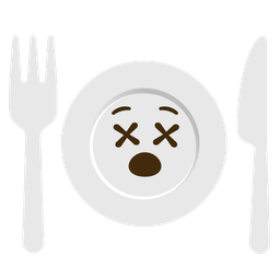 Fork and knife with plate and Face with crossed-out eyes