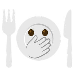 Fork and knife with plate and Face with open eyes and hand over mouth