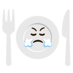 Fork and knife with plate and Face with steam from nose
