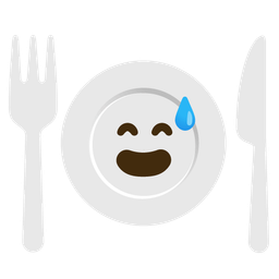 Fork and knife with plate and Grinning face with sweat