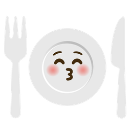 Fork and knife with plate and Kissing face with closed eyes