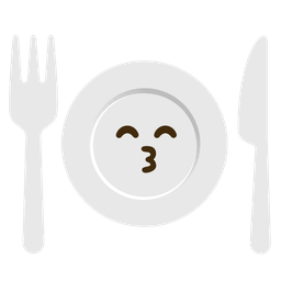 Fork and knife with plate and Kissing face with smiling eyes