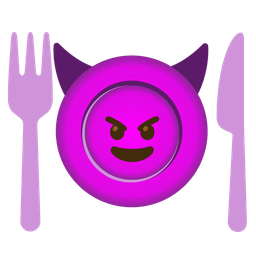 Fork and knife with plate and Smiling face with horns