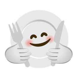 Fork and knife with plate and Smiling face with open hands