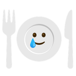Fork and knife with plate and Smiling face with tear