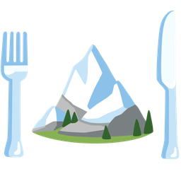Fork and knife with plate and Snow-capped mountain