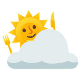 Fork and knife with plate and Sun behind cloud