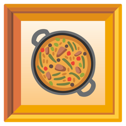 framed picture and shallow pan of food