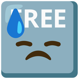 FREE button and downcast face with sweat