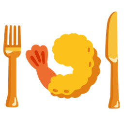 Fried shrimp and Fork and knife with plate