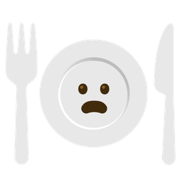 Frowning face with open mouth and Fork and knife with plate