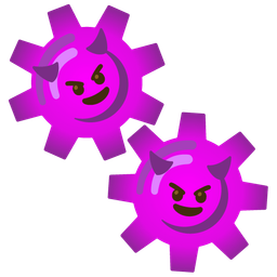 gear and smiling face with horns
