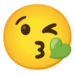 Green heart and Face blowing a kiss