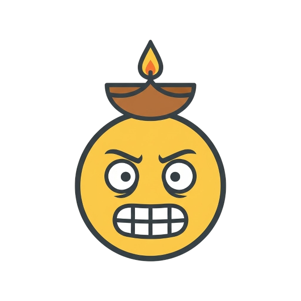 Grimacing face and Diya lamp