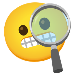 grimacing face and magnifying glass tilted right