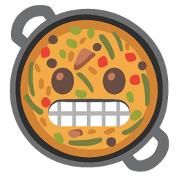 grimacing face and shallow pan of food