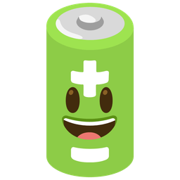 grinning face with big eyes and battery