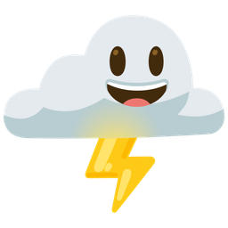grinning face with big eyes and cloud with lightning