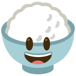 grinning face with big eyes and cooked rice