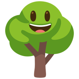 grinning face with big eyes and deciduous tree