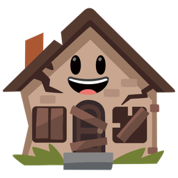 grinning face with big eyes and derelict house