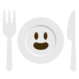 grinning face with big eyes and fork and knife with plate