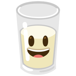 grinning face with big eyes and glass of milk