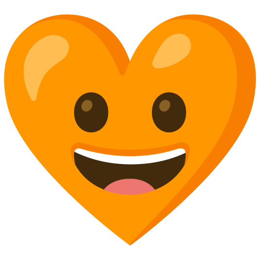 grinning face with big eyes and orange heart