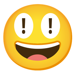 grinning face with big eyes and red exclamation mark