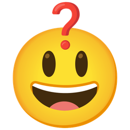 grinning face with big eyes and red question mark