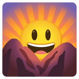 grinning face with big eyes and sunrise over mountains