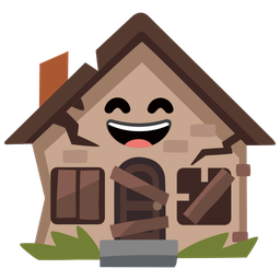 grinning face with smiling eyes and derelict house