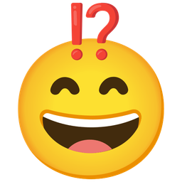 grinning face with smiling eyes and exclamation question mark